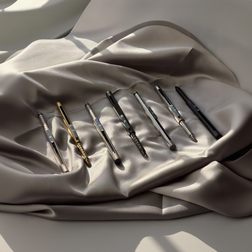 Set of pens arranged on a textured fabric surface