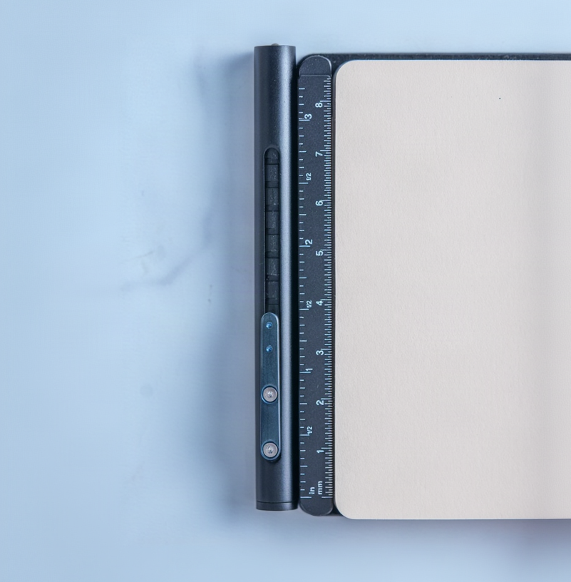 A black digital ruler and stylus pen set shown on a light blue marble surface next to a beige notebook.
