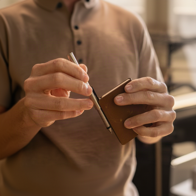 Person holding a leather wallet and pen, with a blurred background