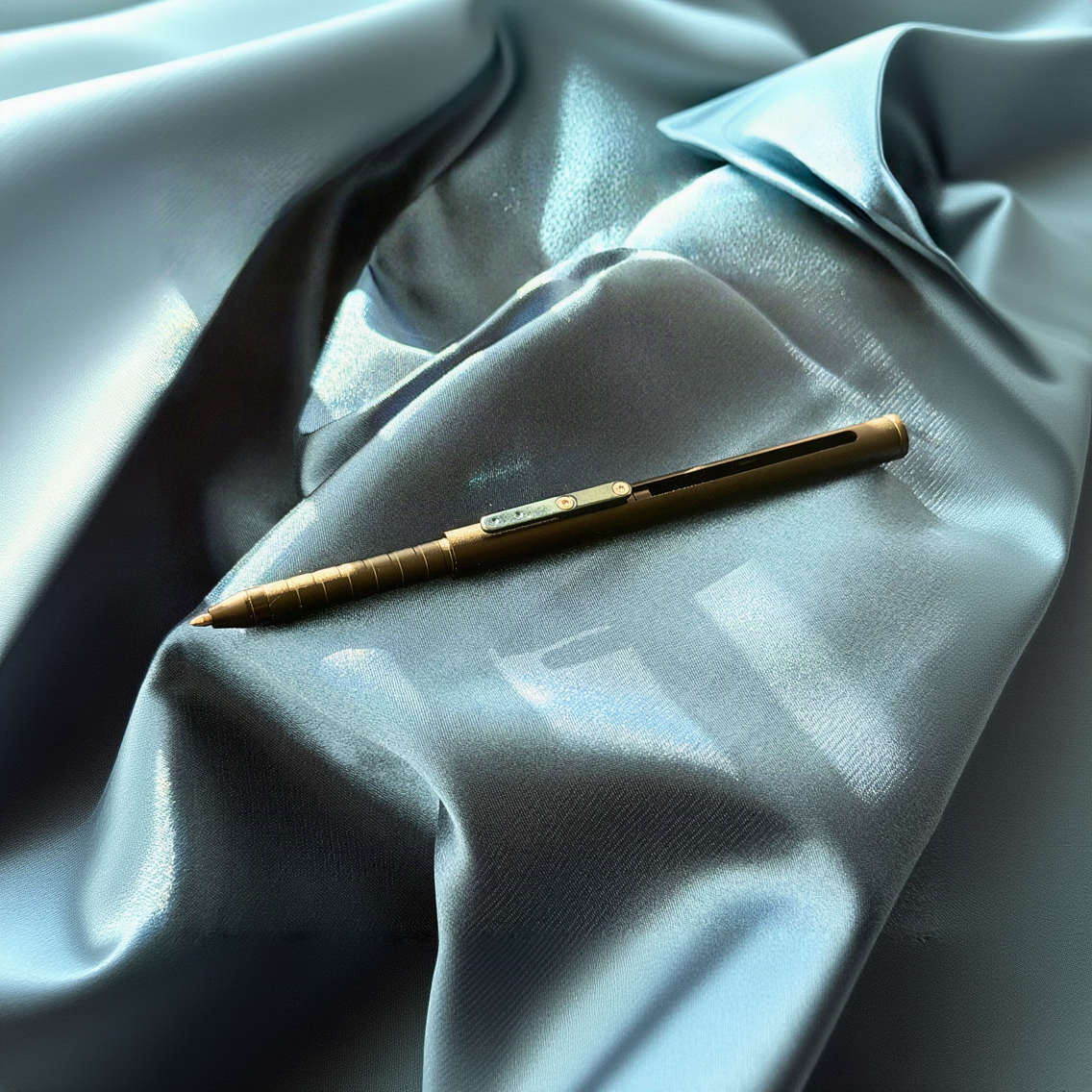 Gold pen on a textured blue fabric surface