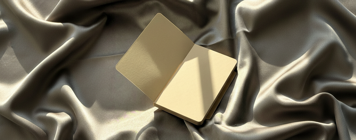 Open beige notebook on a textured gray fabric background