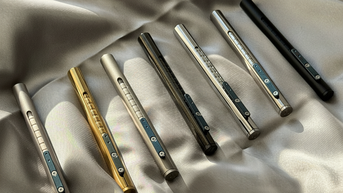 Set of metallic pens on a textured fabric surface