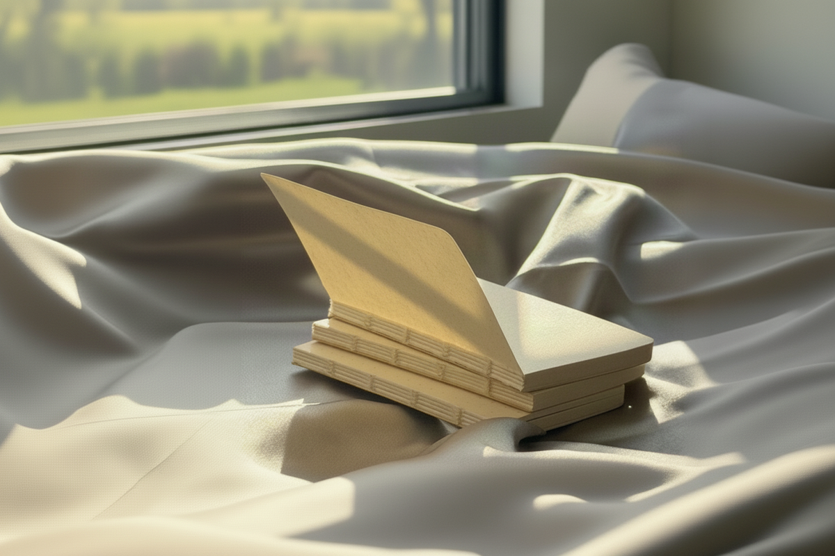A stack of cream-colored paper envelopes or cards with folded paper pieces, styled on a bed with rumpled white sheets and a window in the background.