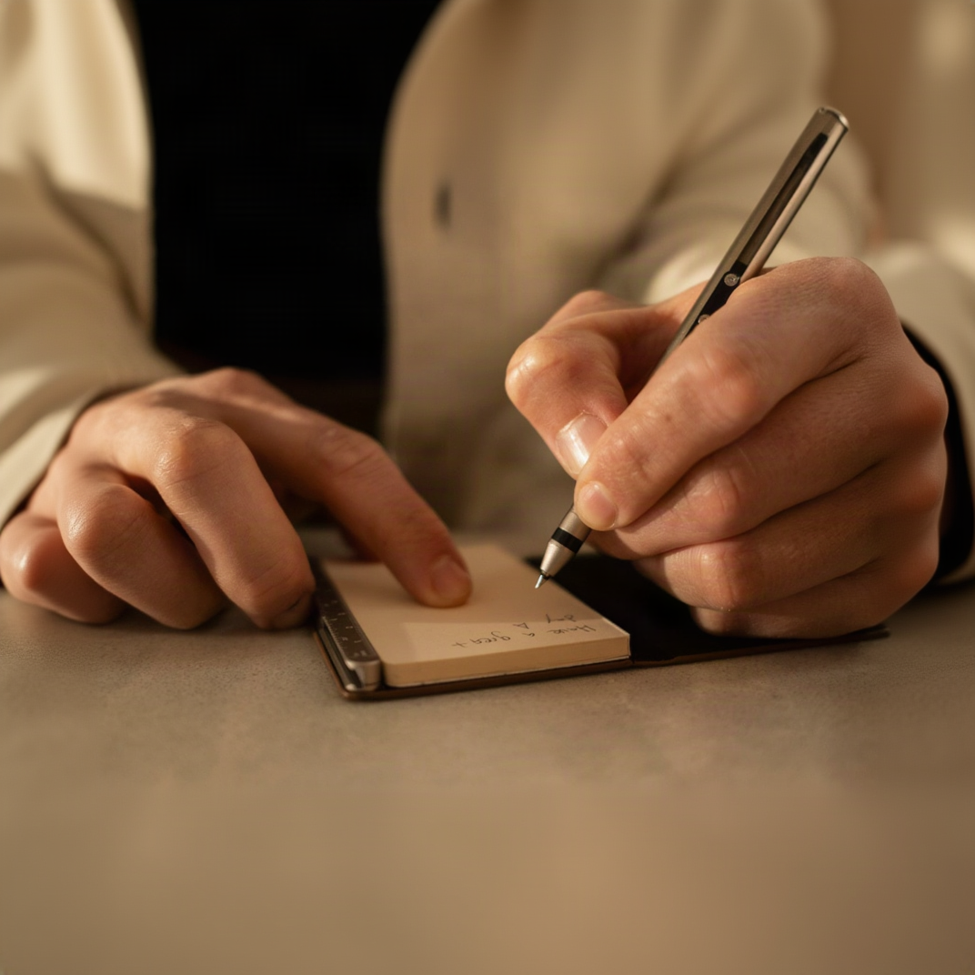 Person writing on a small notepad with a pen.